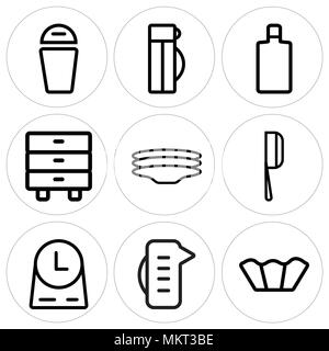 Ensemble de 9 icônes modifiable simple comme Cupcake, tasse à mesurer, réveil, Cleaver, vaisselle, armoire, bouteille de vin, Thermo, Corbeille, peut être utilisé pour le mobile, nous Illustration de Vecteur