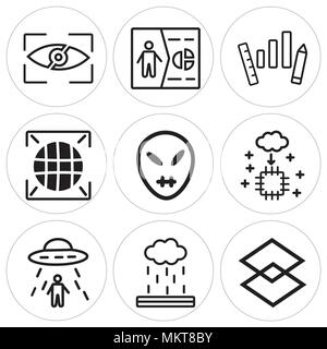 Ensemble de 9 icônes modifiable simple incluant les dimensions, d'explosion, l'enlèvement, l'intelligence artificielle, Alien, Big Data, l'efficacité, la guérison, la visualisation, Illustration de Vecteur