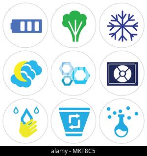 Ensemble de 9 icônes modifiable simple comme la chimie de l'équipement, Papelera, Drop avec la main, rayonnement Baril, Honeycomb, Ciel de Nuit, Neige, grand arbre, deux bars Illustration de Vecteur