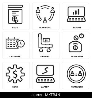 Ensemble de 9 icônes modifiable simple comme l'esprit d'équipe, ordinateur portable, engins, tirelire, Voyage, Calendrier, Rapport, stats, peut être utilisé pour le mobile, web Illustration de Vecteur