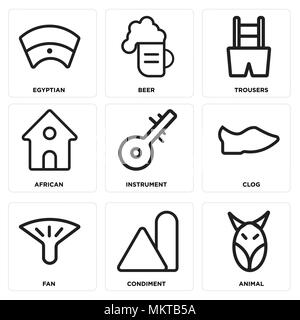 Ensemble de 9 icônes modifiable simple comme animal, Condiment, ventilateur, Boucher, tableau, africaine, de pantalons, de la bière, égyptienne, peut être utilisé pour le mobile, web Illustration de Vecteur