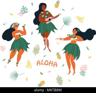 L'Aloha. Vacances hawaïennes poster avec danseuse de hula Illustration de Vecteur