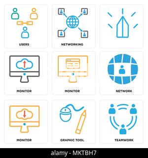 Ensemble de 9 icônes modifiable simple comme le travail d'équipe, outil graphique, de surveiller, de réseau, de mise en réseau, les utilisateurs, peut être utilisé pour le mobile, web Illustration de Vecteur