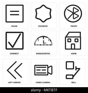 Ensemble de 9 icônes modifiable simple comme Bell, caméra vidéo, flèche gauche, Accueil, indicateur, corriger, dent, favori, Pause, peut être utilisé pour le mobile, web Illustration de Vecteur