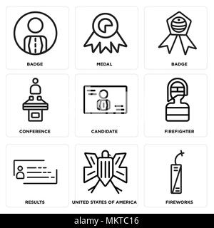 Ensemble de 9 icônes modifiable simple comme artifice, États-Unis d'Amérique, résultats, pompier, candidat, conférence, d'un insigne, médaille, peut être utilisé pour Illustration de Vecteur