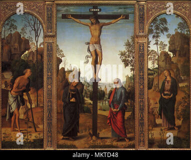 La Crucifixion avec la Vierge, saint Jean, Jerome, & Mary Banque D'Images