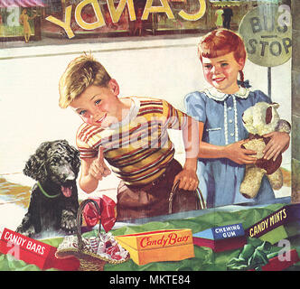 Garçon et fille à la fenêtre du magasin de bonbons Banque D'Images