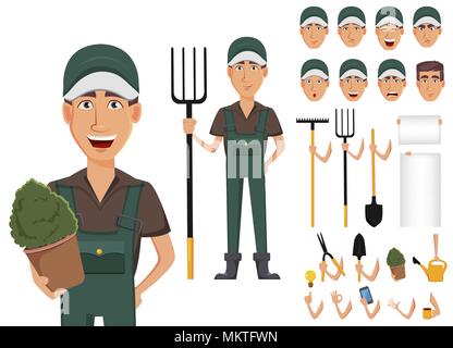 Homme jardinier, personnage de jeu de création. Pack de parties du corps, des émotions et des outils. Construire votre propre design. Vector illustration. Illustration de Vecteur