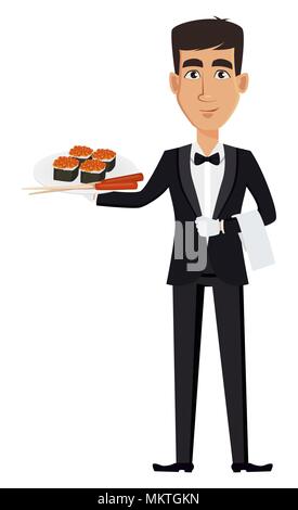 Handsome waiter portant un uniforme professionnel. Joyeux personnage holding roule sur une assiette. Personnel du restaurant. Vector illustration. Illustration de Vecteur