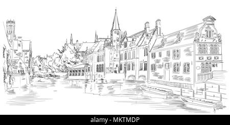 Vue sur l'eau Rozenhoedkaai canal de Bruges, Belgique. Vue de la Belgique. Dessin vectoriel illustration en couleur noir isolé sur blanc backgroun Illustration de Vecteur