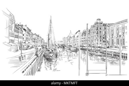 Quai de Copenhague, Danemark. Vue du Danemark. Dessin vectoriel illustration en couleur noir isolé sur fond blanc. Illustration de Vecteur