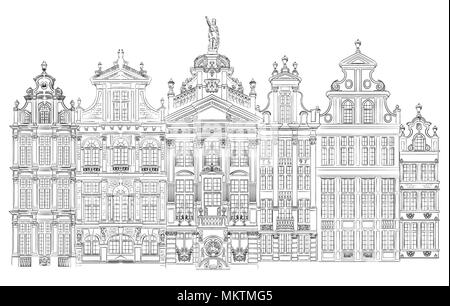 Grand Place à Bruxelles, Belgique. Vue de la Belgique. Dessin vectoriel illustration en couleur noir isolé sur fond blanc. Illustration de Vecteur