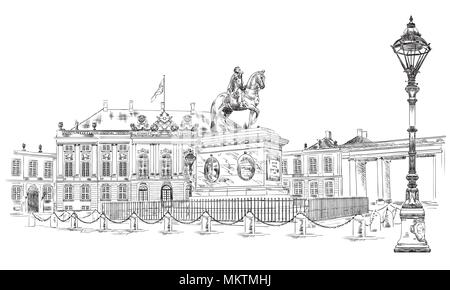 La place d'Amalienborg à Copenhague, Danemark. Vue du Danemark. Dessin vectoriel illustration en couleur noir isolé sur fond blanc. Illustration de Vecteur