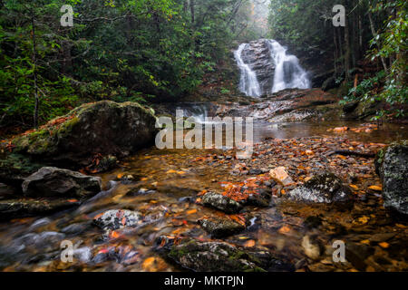 Source bouillonnante inférieure branche tombe en Caroline du Nord. Une très belle chute d'eau de 20 pieds près de la Blue Ridge Parkway. Vu ici à l'automne sur un jour de pluie Banque D'Images