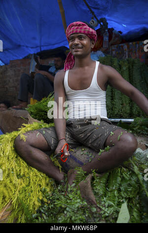 Vendeur de fleurs au Malik Ghat Marché aux fleurs à Kolkata, Inde Banque D'Images