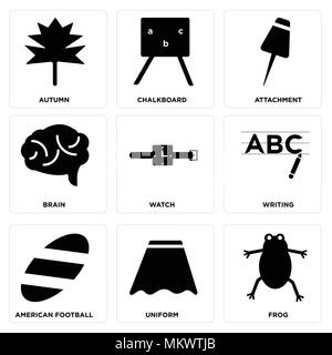 Ensemble de 9 icônes modifiable simple comme la grenouille, uniforme, football américain, écrit, regarder, le cerveau, l'attachement, l'ardoise, l'automne, peut être utilisé pour mobile Illustration de Vecteur
