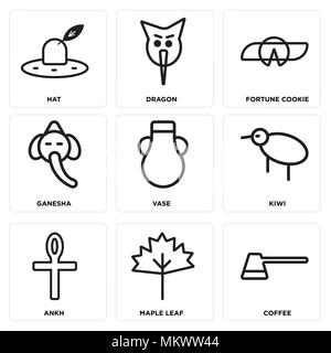 Ensemble de 9 icônes modifiable simple comme le café, Maple Leaf, Ankh, Kiwi, vase, Ganesha, Fortune Cookie, Dragon, Hat, peut être utilisé pour le mobile, web Illustration de Vecteur