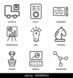 Ensemble de 9 icônes modifiable simple comme connexion, Site Web, gagnant, la stratégie, l'idée, la présentation, l'entente, politique, logistique, peut être utilisé pour mobile Illustration de Vecteur