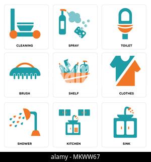 Ensemble de 9 icônes modifiable simple comme l'évier, cuisine, douche, sèche, étagère, pinceau, de toilettes, d'arrosage, le nettoyage, peut être utilisé pour le mobile, web Illustration de Vecteur