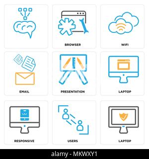Ensemble de 9 icônes modifiable simple comme les ordinateurs, les utilisateurs, à l'écoute, la présentation, l'e-mail, Wifi, navigateur, , peut être utilisé pour le mobile, web Illustration de Vecteur