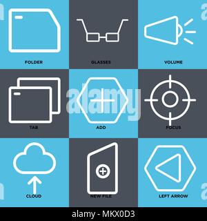 Ensemble de 9 icônes modifiable simple comme Flèche Gauche, nouveau fichier, nuage, Focus, ajouter, Onglet, Volume, verres, un dossier peut être utilisé pour le mobile, web Illustration de Vecteur