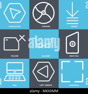Ensemble de 9 icônes modifiable simple tels que Diagonal, flèche gauche, Mac, nouveau fichier, verres, dossier, l'ordre, le Chrome, la navigation, peut être utilisé pour le mobile, web Illustration de Vecteur