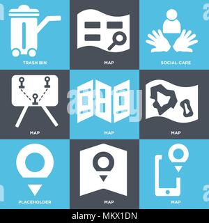 Ensemble de 9 icônes modifiable simple tels que la carte, emplacement réservé, l'aide sociale, la corbeille, peut être utilisé pour le mobile, web Illustration de Vecteur
