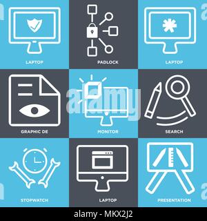Ensemble de 9 icônes modifiable simple comme présentation, ordinateur portable, chronomètre, vous pouvez, de surveiller, de graphique, cadenas, peut être utilisé pour le mobile, web Illustration de Vecteur