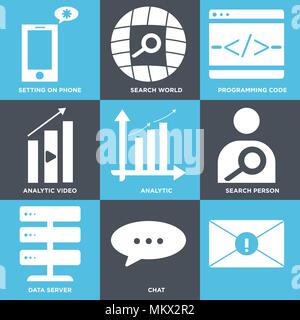 Ensemble de 9 icônes modifiable simple comme chat, serveur de données, vous pouvez personne, analytique, analytique vidéo, les codes de programmation, monde, réglage sur téléphone mobile peut être u Illustration de Vecteur