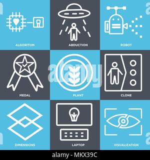 Ensemble de 9 icônes modifiable simples telles que la visualisation, ordinateur portable, Dimensions, Clone, usine, médaille, Robot, enlèvement, algorithme, peut être utilisé pour le mobile, nous Illustration de Vecteur