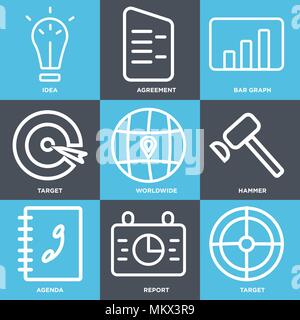Ensemble de 9 icônes modifiable simple comme Target, rapport, l'ordre du jour, le marteau, dans le monde entier, le graphique à barres, l'Accord, l'idée, peut être utilisé pour le mobile, web Illustration de Vecteur
