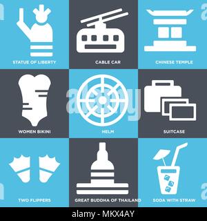 Ensemble de 9 icônes modifiable simple comme la soude avec la paille, le Grand Bouddha de Thaïlande, deux palmes, valise, Helm, Femmes Bikini, temple chinois, ca Illustration de Vecteur