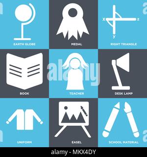 Ensemble de 9 icônes modifiable simple comme matériel scolaire, uniformes, chevalet, lampe de bureau, enseignant, livre, triangle, médaille, globe de la Terre, peut être utilisé pour Illustration de Vecteur