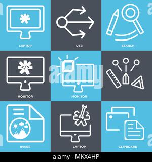 Ensemble de 9 icônes modifiable simple comme presse-papiers, ordinateur portable, moniteur, l'image, vous pouvez, usb, peut être utilisé pour le mobile, web Illustration de Vecteur