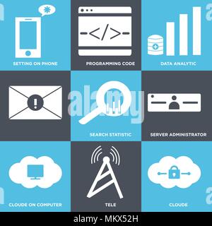 Ensemble de 9 icônes modifiable simple comme Cloude, Tele, Cloude sur ordinateur, administrateur de serveur, vous pouvez statistique, analyse de données, le code de programmation, Sett Illustration de Vecteur