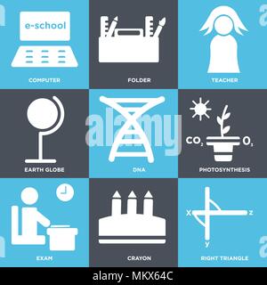 Ensemble de 9 icônes modifiable simple comme le triangle rectangle, de crayon, examen, photosynthèse, ADN, globe terrestre, enseignant, Dossier, Ordinateur, peut être utilisé pour mobi Illustration de Vecteur