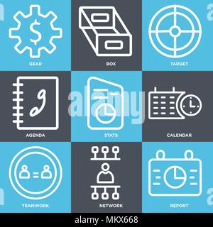Ensemble de 9 icônes modifiable simple comme rapport, réseau, équipe, Calendrier, Stats, l'ordre du jour, Cible, fort, engins, peut être utilisé pour le mobile, web Illustration de Vecteur