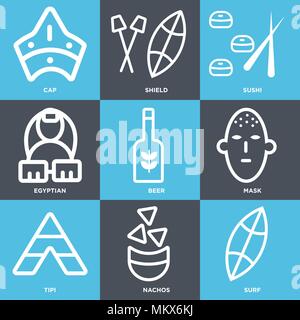 Ensemble de 9 icônes modifiable simple comme le surf, des Nachos, tipi, masque, bière, égyptienne, Sushi, bouclier, Cap, peut être utilisé pour le mobile, web Illustration de Vecteur