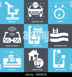 Ensemble de 9 icônes modifiable simple comme Smartphone, Smart Home, imprimante, piscine, location, verres, d'alimentation électrique, robotique, peut être utilisé pour le mobile, Illustration de Vecteur
