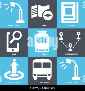 Ensemble de 9 icônes modifiable simple comme la lumière de la rue, arrêt de bus, vue, Destination, tramway, Carte, Bibliothèque, peut être utilisé pour le mobile, web Illustration de Vecteur