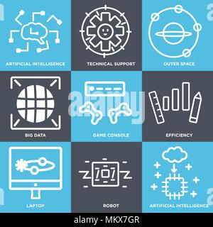 Ensemble de 9 icônes modifiable simples tels que l'intelligence artificielle, Robot, ordinateur portable, console de jeux, l'efficacité, Big Data, l'espace, soutien technique, peut Illustration de Vecteur