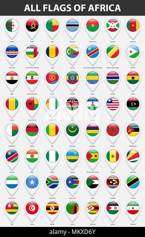 Tous les drapeaux des pays de l'Afrique. Pointeur de carte Pin style brillant. Illustration de Vecteur