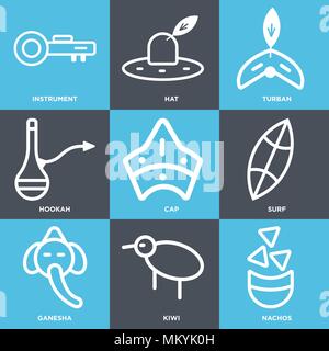 Ensemble de 9 icônes modifiable simple comme les nachos, Kiwi, Ganesha, surf, Cap, narguilé, Turban, hat, instrument, peut être utilisé pour le mobile, web Illustration de Vecteur