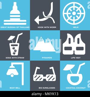 Ensemble de 9 icônes modifiable simple comme la noix de coco Cocktail, lunettes de soleil, grand voile Bell, gilet, pyramides, Soda avec de la paille, Helm, crochet ver, Grand buddh Illustration de Vecteur