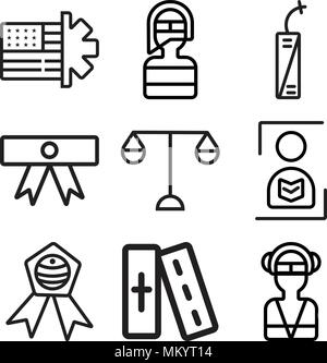 Ensemble de 9 icônes modifiable simple comme soldat, Bible, d'un insigne, d'un journal, d'équilibre, d'un diplôme, d'artifice, pompier, peut être utilisé pour le mobile, web Illustration de Vecteur