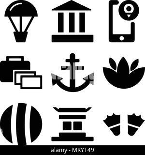 Ensemble de 9 icônes modifiable simple comme deux palmes, temple chinois, ballon de plage, grande fleur, Anchor, valise, l'emplacement, le Parthénon, Hot Air Balloon, c Illustration de Vecteur