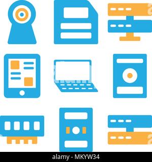 Ensemble de 9 icônes modifiable simple comme serveur, ordinateur, RAM, lecteur de musique, ordinateur portable, Smartphone, disquette, Webcam, peut être utilisé pour le mobile, web Illustration de Vecteur