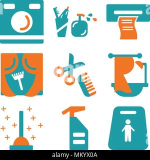 Ensemble de 9 icônes modifiable simple comme glissant, gerbe, plongeur, baignoire, peigne, fenêtre, lingettes, brosses à dents, lave-linge, peut être utilisé pour le mobile, nous Illustration de Vecteur