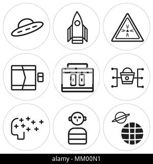 Ensemble de 9 icônes modifiable simple comme la planète terre, humain, l'intelligence artificielle, de la commercialisation, des échantillons, de la porte, faites un remue-méninges, vaisseau spatial, Ovni, peuvent être utilisés Illustration de Vecteur