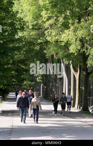 Vieux couple marche et jogging jeunes autour des murs de la ville de Lucca, Toscane, Italie, Europe Banque D'Images